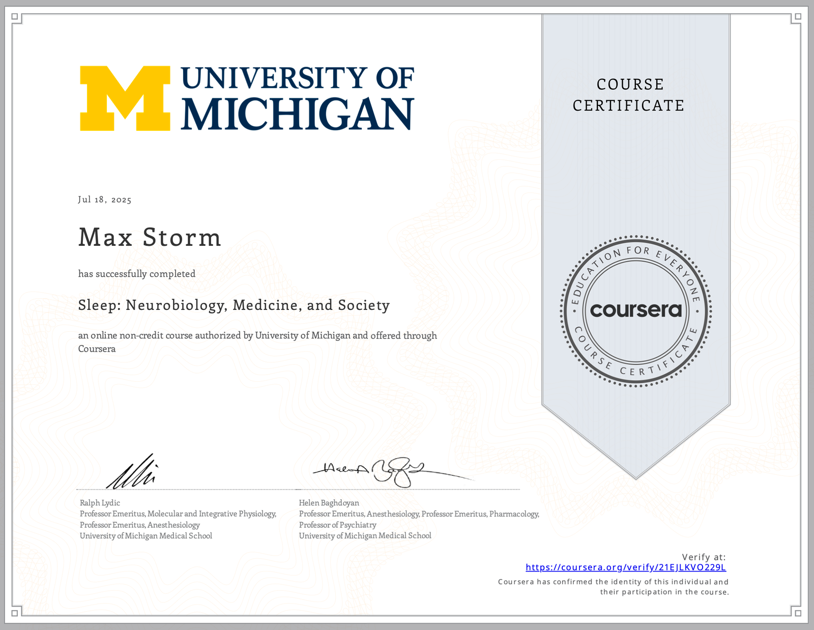 Vorschau des University of Michigan Zertifikats